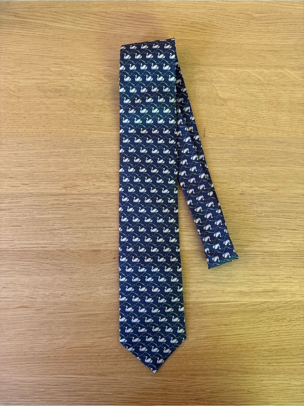 M.F. Firenze Italy 100% Silk Tie Navy Swan Pattern Made in Italy